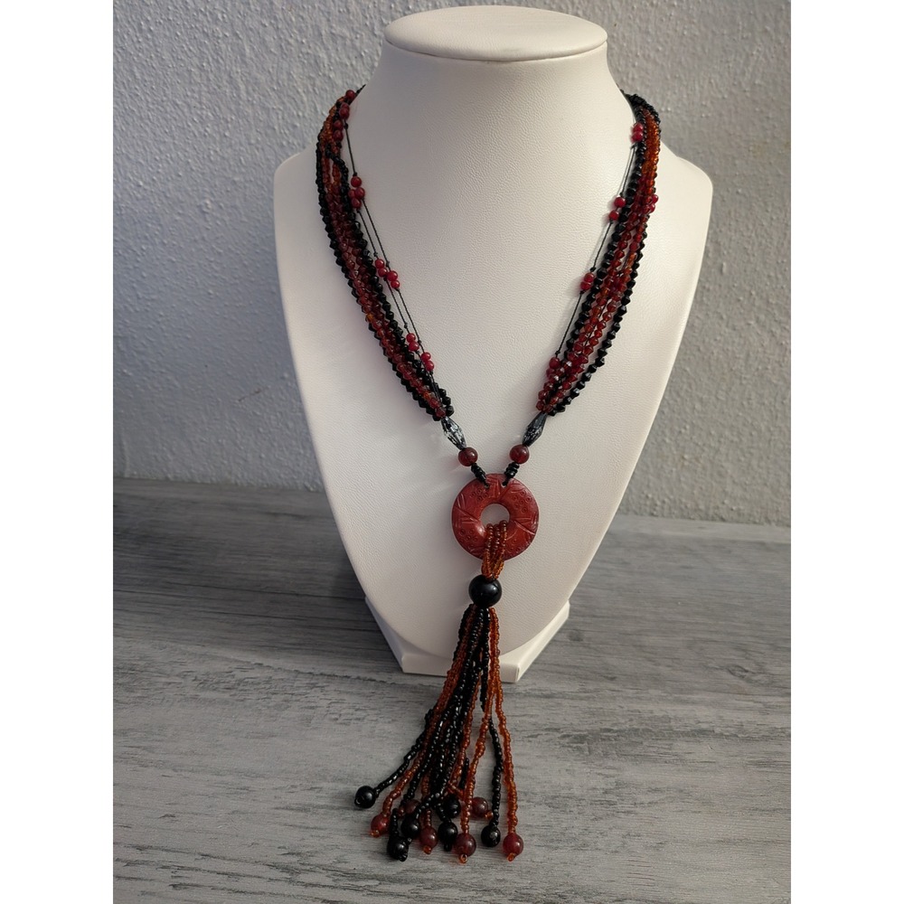 Boho Multi Strand Seed Bead Tassel Necklace Red Black Carved Donut Statement